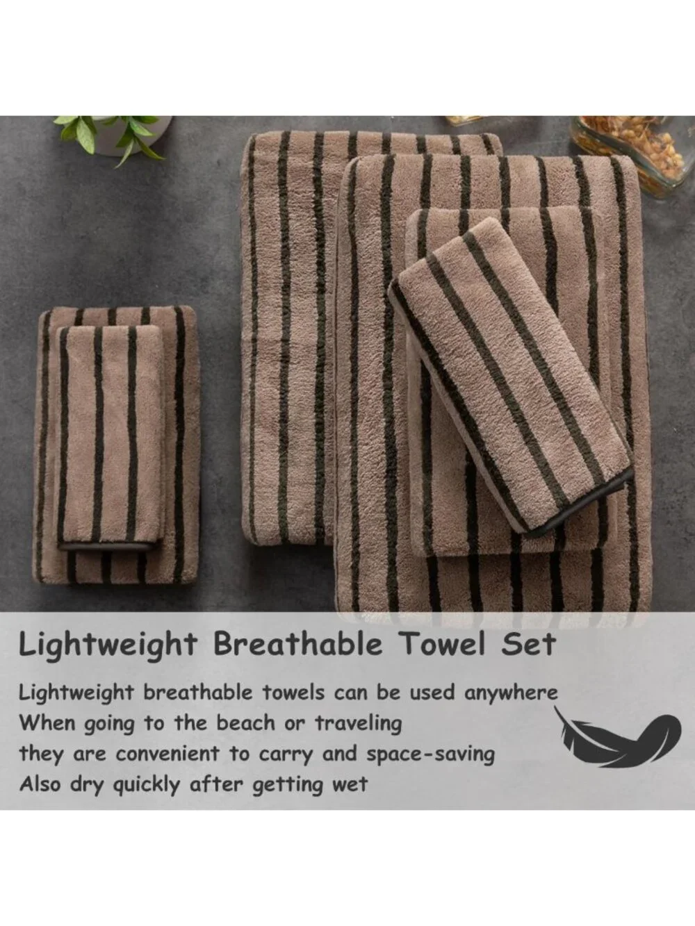 8-Piece Brown Stripe Bath Towel Set - Soft, Quick-Dry Towels for Spa, Gym